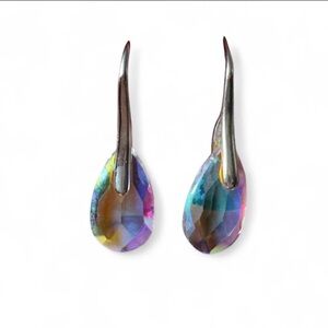 Vintage Sterling Silver Aurora Borealis Pear Swarovski Crystal Hook Earrings